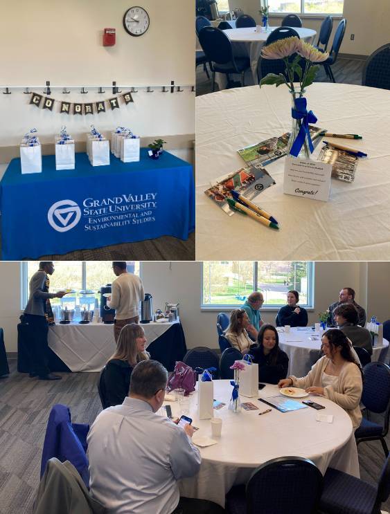 A collage of the awards banquet room tables and gift bags